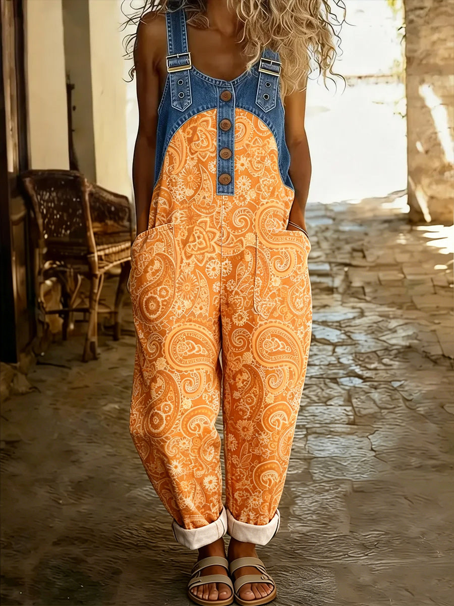 Women's Retro Style Art Print Washed Cotton Denim Patchwork Jumpsuit